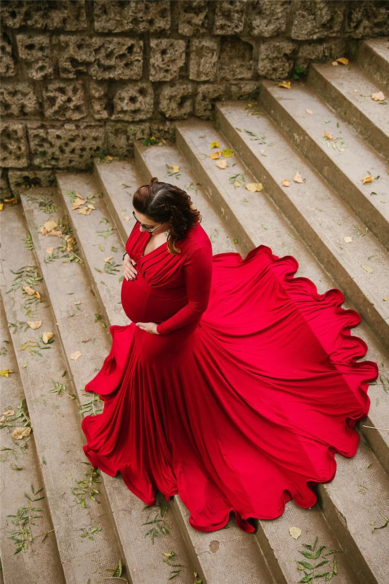 Spring Elegant Maternity Dresses For Photo Shoot Pregnant Women Dress Long Sleeve V-Neck Pregnancy Photography Shower Dress