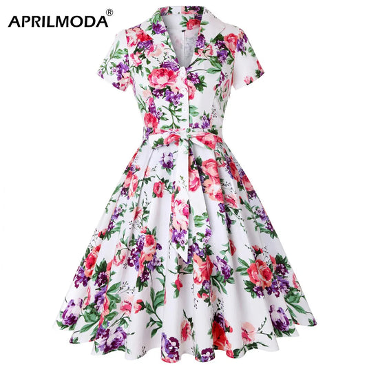 Autumn Cotton Vintage Tunic Midi Dress 50S Short Sleeve 4XL 70s Robe Swing Retro Floral Print White Rockabilly Office Vestidos