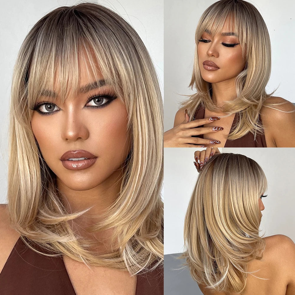 Element Medium Length Synthetic Straight Natural Brown Wigs with Side Bangs Heat Resistant Party Wigs for White/Black Women