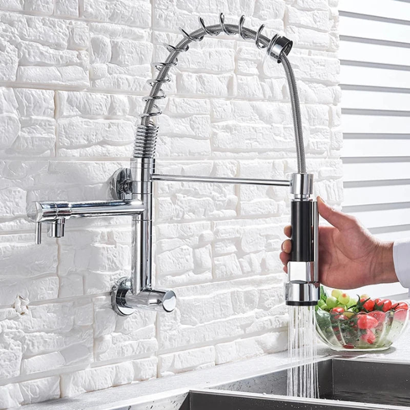 Wall Mounted Spring Kitchen Faucet Chrome Black Pull Down Sink Faucets Single Cold Water Dual Spouts Mixer 360 Rotation Crane