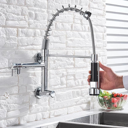 Wall Mounted Spring Kitchen Faucet Chrome Black Pull Down Sink Faucets Single Cold Water Dual Spouts Mixer 360 Rotation Crane