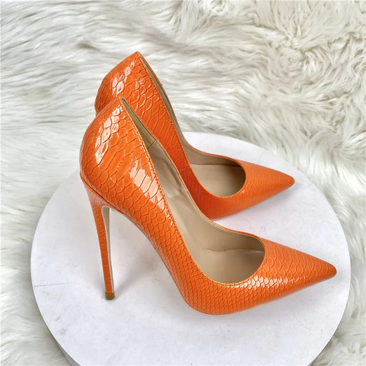 Women Orange Snake Pattern Pointed Toe Sexy 8/10/12Cm Customized Designer Shoes Plus Size 34-45 High Heels