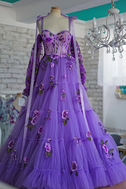 Purple Adjustable Straps Tied Bow Prom Dress Sweetheart Tulle Dress Layered Tulle Evening Dress A-Line Floral Dress Lace-Up Back