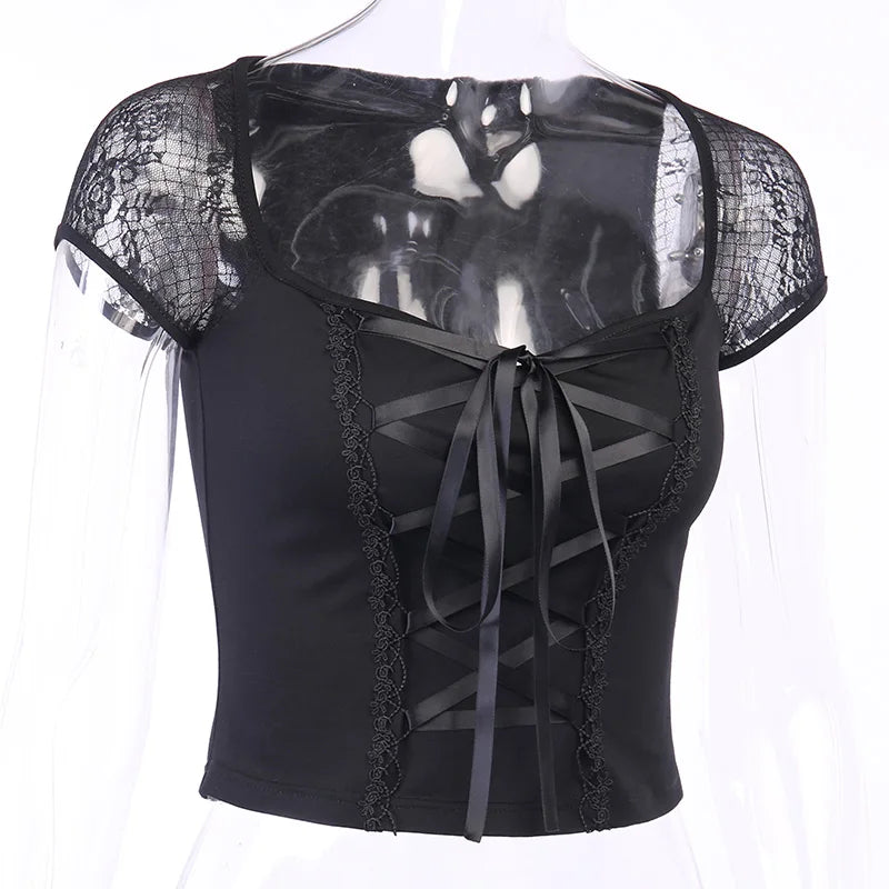 Women's Vintage Gothic T-shirt Bodycon Bandage Lace Black Mesh Top Sexy Casual Gothic Streetwear Female Top