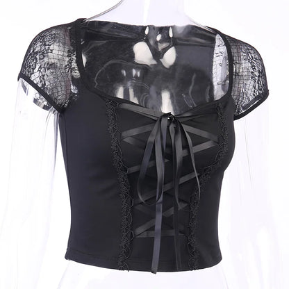 Women's Vintage Gothic T-shirt Bodycon Bandage Lace Black Mesh Top Sexy Casual Gothic Streetwear Female Top