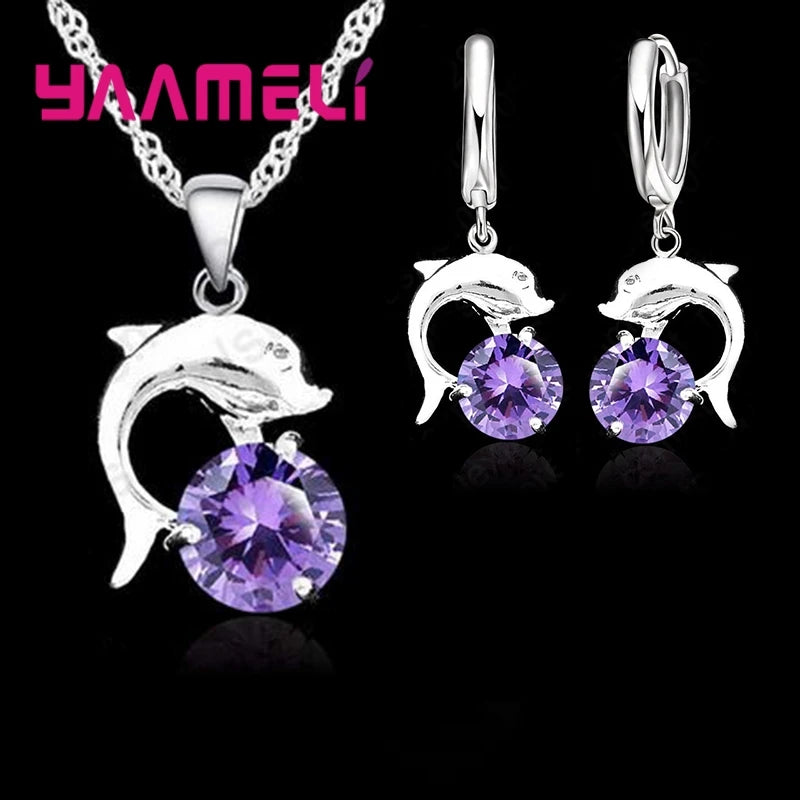 Jewelry Sets for Women Grils Wedding Engagement CZ Diamond 925 Sterling Silver Color Dolphin Pendant Necklace Hoop Earrings