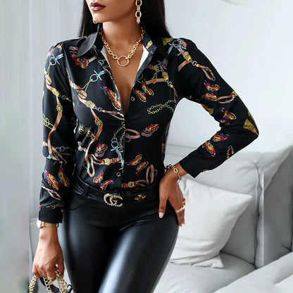 2024 Women Fashion Shirt Lady Long Sleeve Blouse Turn-down CollarButton Design Print  Casual Shirts