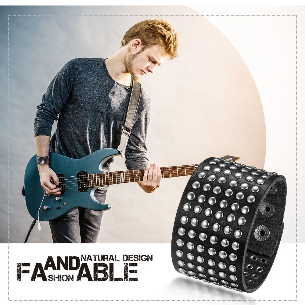 BONISKISS 2020 Fashion Stud Spikes Rivet Adjustable Leather Wristband Bangle Cuff Bracelet Wide Cuff Punk style Cool Men Jewelry