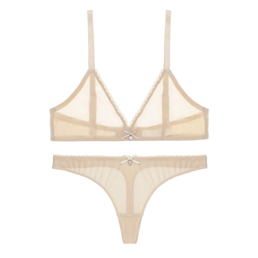 Sexy ladies see through elastic mesh bra set women wire free white underwear bra+thong lingerie set