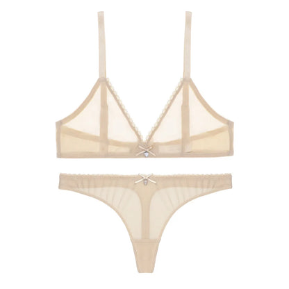 Sexy ladies see through elastic mesh bra set women wire free white underwear bra+thong lingerie set