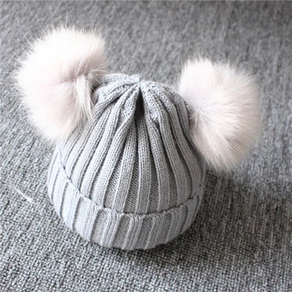 Winter Wool Knitted Hat Children Infant Newborn Kids Baby Caps Beanie with Two Double Pom Pom Beanie for Boys Girl 1-3 Years