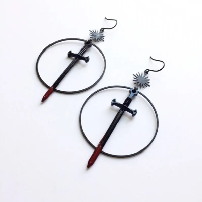 Gothic Black Night Warrior Earrings Sun Ring Sword Earrings Classic Eardrop Big Sword Statement Mystical Jewellery Women Gift