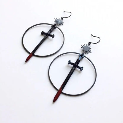 Gothic Black Night Warrior Earrings Sun Ring Sword Earrings Classic Eardrop Big Sword Statement Mystical Jewellery Women Gift