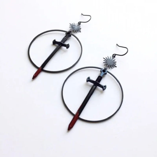 Gothic Black Night Warrior Earrings Sun Ring Sword Earrings Classic Eardrop Big Sword Statement Mystical Jewellery Women Gift