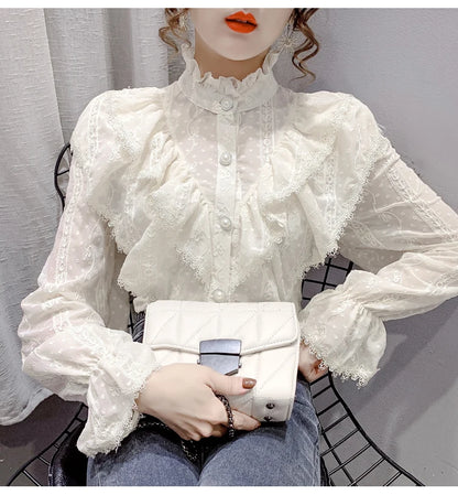 Spring Fashion  Long Sleeve Loose Button Women Shirt Elegant Stand Collar Pleated Tops Casual Ruffle Lace Blouse Blusas 15832