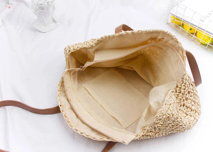 Round Straw Beach Bag Vintage Handmade Woven Shoulder Bag Raffia circle Rattan bags Bohemian Summer Vacation Casual Bags