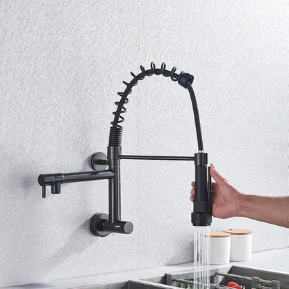 Wall Mounted Spring Kitchen Faucet Chrome Black Pull Down Sink Faucets Single Cold Water Dual Spouts Mixer 360 Rotation Crane
