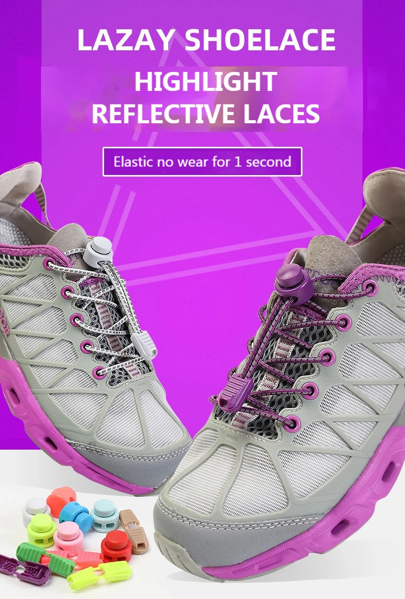 1 Pair Elastic Shoelaces Reflective Push The Spring Lock No Tie Shoe Laces Used For Sneakers Hiking Shoes Lazy Lace Round
