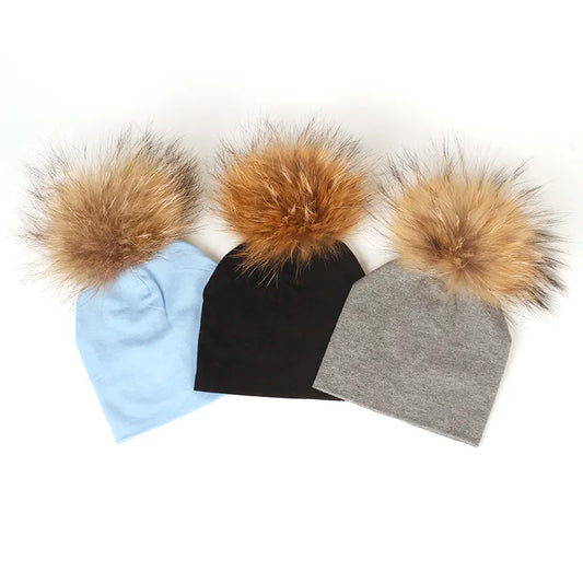 Geebro 0-3 Month Baby Boys Soft Cotton Real Fur pompom Beanies Hats For Newborn Girls Spring Autumn Kids Infants Toddler