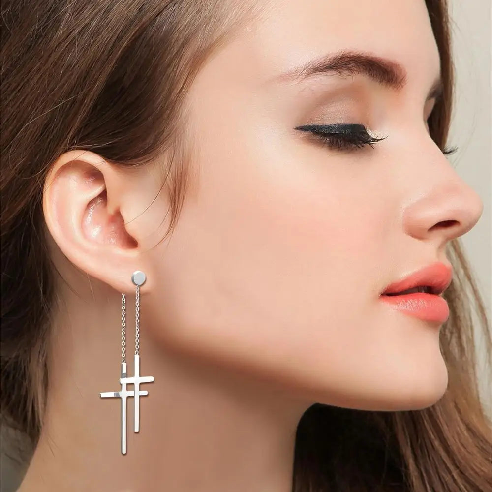 Boniskiss Fashion Tassel Double Cross long Drop Earrings Gold Silver Color Stainless Steel Woman Party Christmas Gift Jewelry