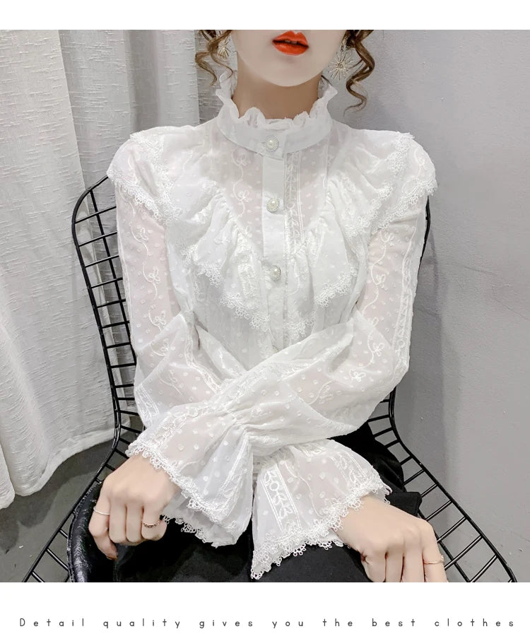 Spring Fashion  Long Sleeve Loose Button Women Shirt Elegant Stand Collar Pleated Tops Casual Ruffle Lace Blouse Blusas 15832