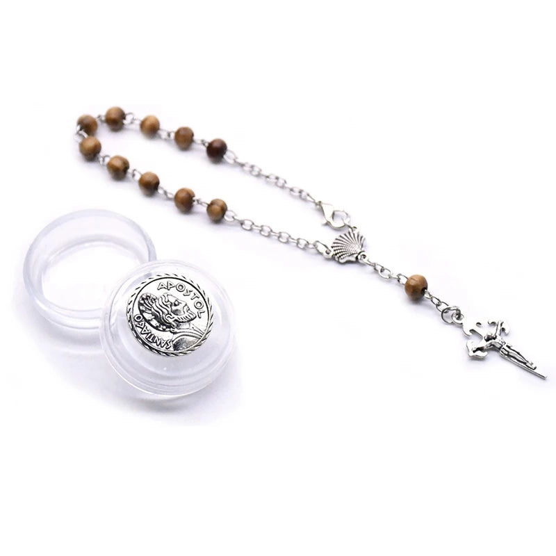QIGO Religious Pray Jewelry Brown Wood Beads Rosary Bracelet Vintage Cross Bracelet For Men Women With Mini Box