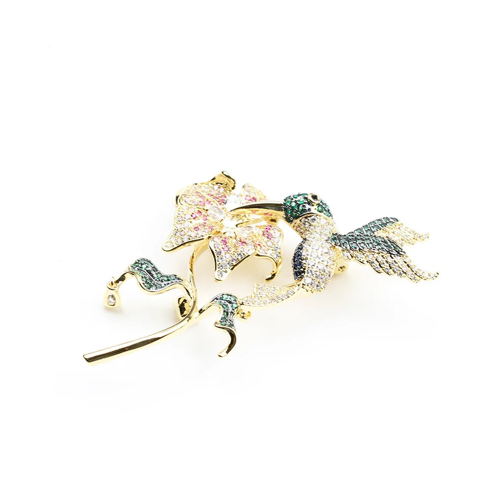 Trendy Floral Blooming Delicate Bird Zircon Exaggerated Brooch Luxury Temperament Flower Gold-plated Brooch Women New Year Gift