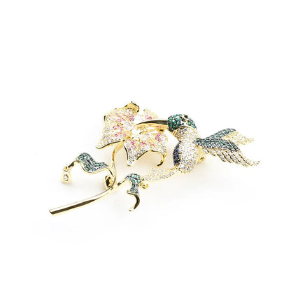 Trendy Floral Blooming Delicate Bird Zircon Exaggerated Brooch Luxury Temperament Flower Gold-plated Brooch Women New Year Gift