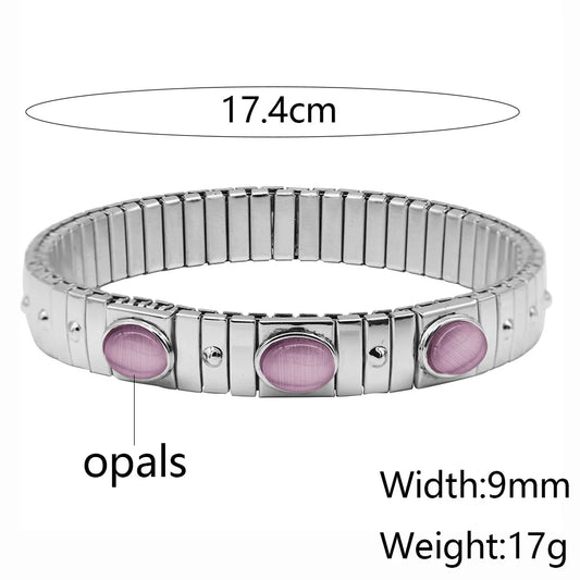 Hapiship New Women's Jewelry 9mm Width Stainless Steel Pink Opals Elastic Fashion Bracelet For Women Men Jewelry MY028