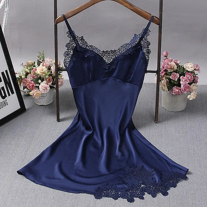 Sexy Womens Nightdress Oversize M-4XL Silky Satin Lace Strap Sleep Dress Sleepwear Home Wear Nightgown With Chest Pad Night Gown