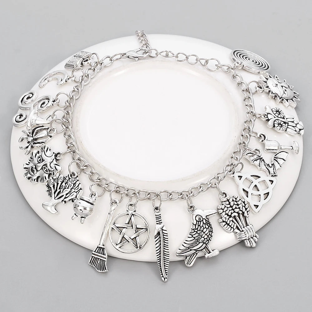 Plated Silver color Charm Bracelet sun moon staranimals wild natural bracelets Witch Wicca Acorn Greenman Various Jewelry gift