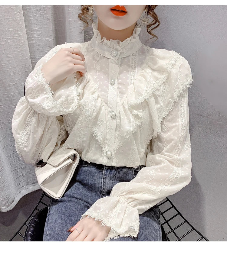 Spring Fashion  Long Sleeve Loose Button Women Shirt Elegant Stand Collar Pleated Tops Casual Ruffle Lace Blouse Blusas 15832