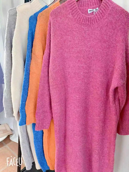 Winter Women Dress Fall Sweater Women Dress Long Sleeve Knitted Dresses Maxi Vintage Oversize Dresses Knitting Thick Warm Purple