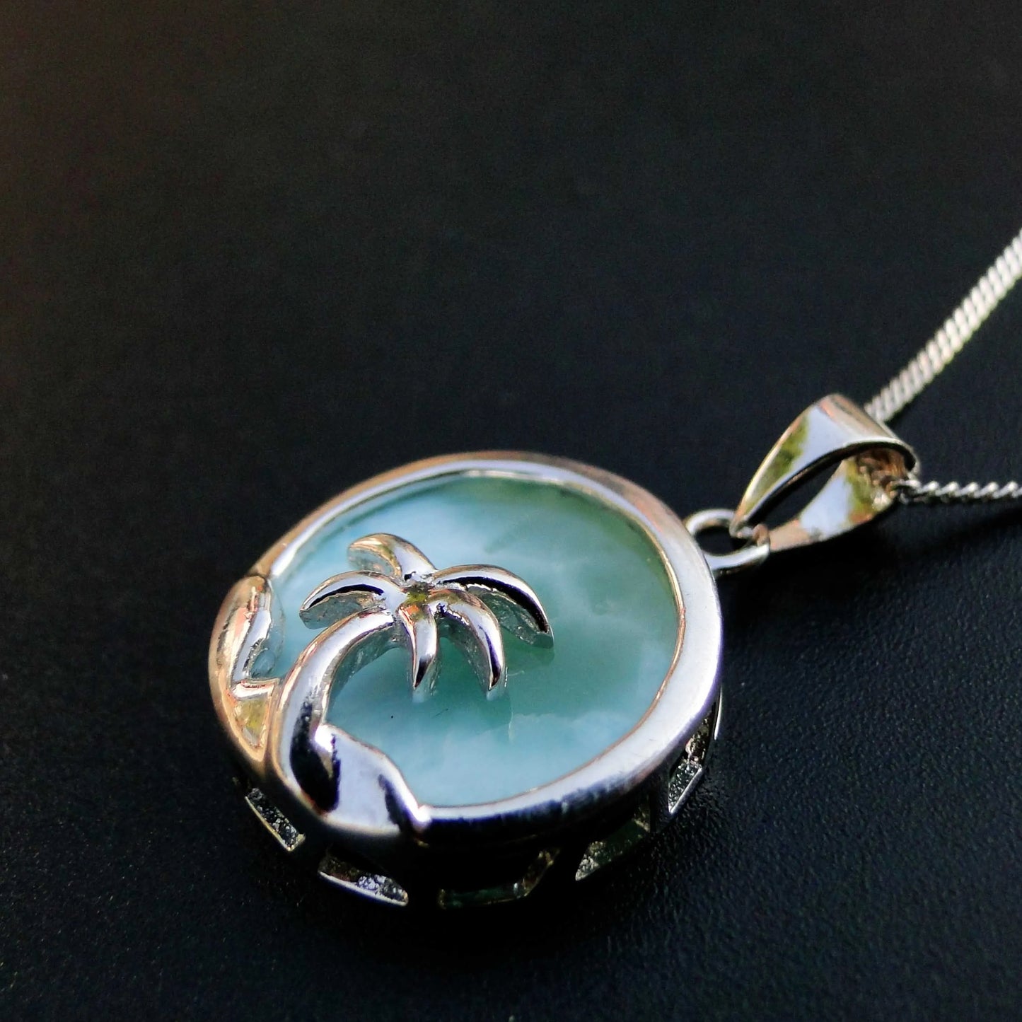 Beautiful Women's Jewelry 925 Sterling Silver Blue Natural Larimar Palm Tree Ocean Pendant Necklace For Gift