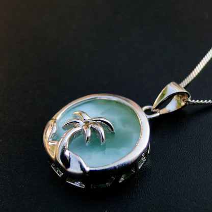 Beautiful Women's Jewelry 925 Sterling Silver Blue Natural Larimar Palm Tree Ocean Pendant Necklace For Gift
