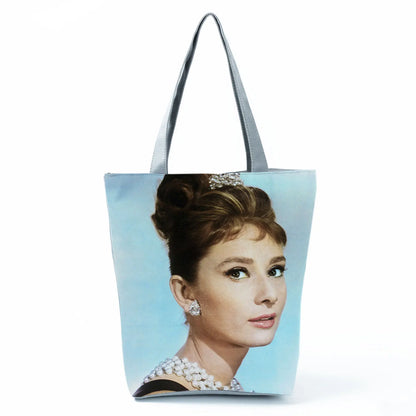 Audrey Hepburn Blowing Bubbles Printed Handbag Classic High Capacity Women Shoulder Bags Portable Eco Reusable Shopping Bags