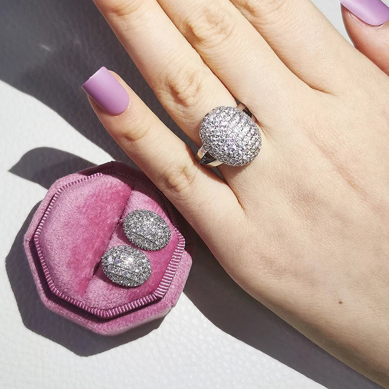 2pcs Pack silver color bride Jewelry Set Halo Engagement Ring Round Stud Earring For Wedding Christmas  Gift Party J6016