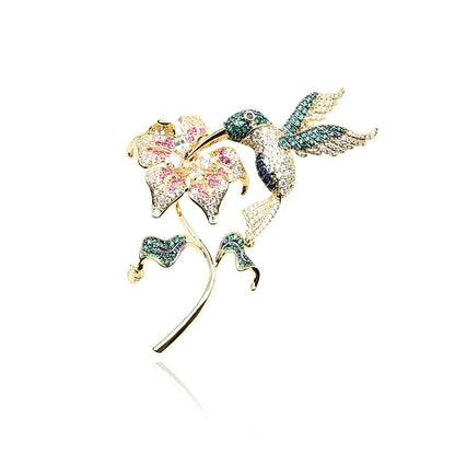 Trendy Floral Blooming Delicate Bird Zircon Exaggerated Brooch Luxury Temperament Flower Gold-plated Brooch Women New Year Gift