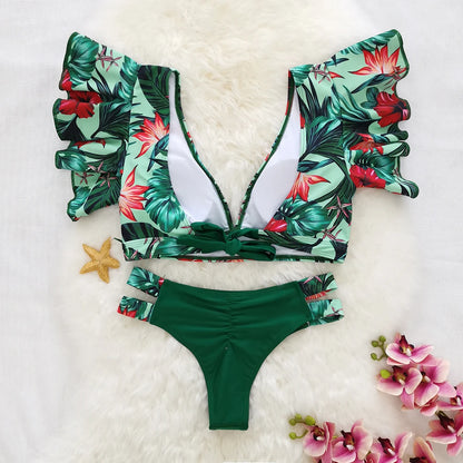 Tropical Style Women Bikini Set Ruffle Floral Printed High Waist Swimwear Summer Flower Swimsuit Biquini Bathing Suit Female