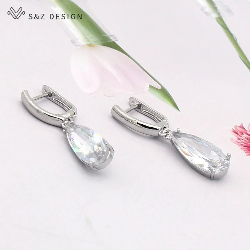 S&Z 10 Color Long Water Drop Cubic Zirconia Earring For Women Korean Fine Wedding Simple Fashion Party Jewelry