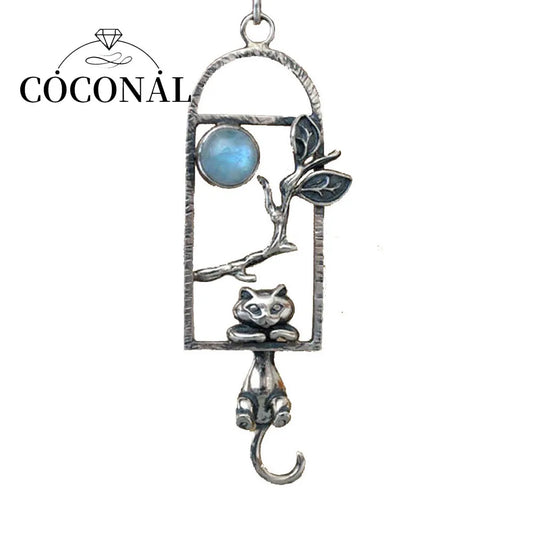 Cute Women Man Neck Pendants Silver Color Window Moonstone Cat Branches Pendant Charms For Making Jewelry Accessories DIY