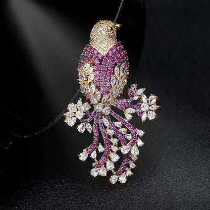 Trendy Floral Blooming Delicate Bird Zircon Exaggerated Brooch Luxury Temperament Flower Gold-plated Brooch Women New Year Gift