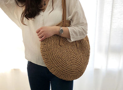 Round Straw Beach Bag Vintage Handmade Woven Shoulder Bag Raffia circle Rattan bags Bohemian Summer Vacation Casual Bags