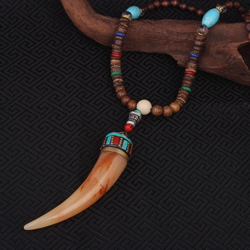 Vintage Handmade Necklace Nepal Buddhist Mala Wood Beads Pendant & Necklace Ethnic Horn Long Statement Men Women's Jewelry