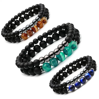 2PCS Natural Striped Agates Matte Black Onyx Beaded Bracelet for Women Men Natural Stone Hematite Bracelet Jewelry Pulseras