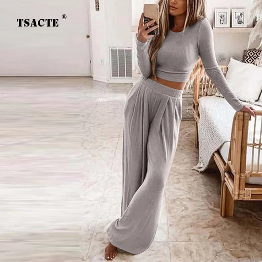 Autumn Women's Solid Knitted Casual Home Wear Slim Tops Two-Piece Wide Leg Pants Set Ladies Clothes Winter Fashion Commuter Suit