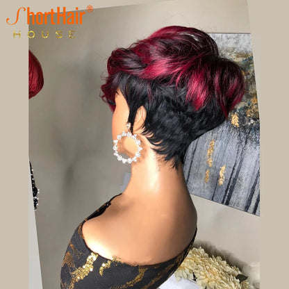 Dark Red Pixie Cut Wig Human Hair Short Bob Wig With Natural Bang Brazilian Wigs For Women Cosplay Full Machine Human Hair Wig