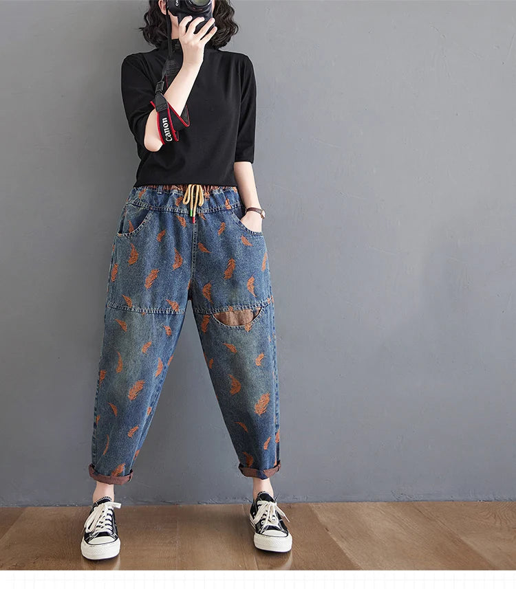 Jeans For Women Spring Street Feather Embroidery Color Contrast Loose Thin Drawstring Pockets Elastic Waist Denim Pants Female