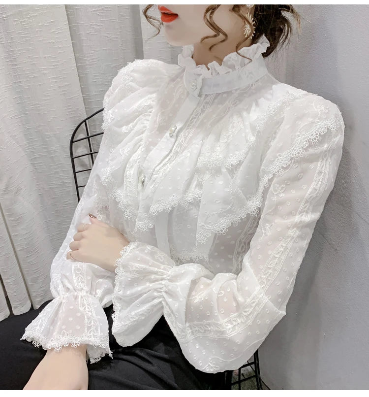 Spring Fashion  Long Sleeve Loose Button Women Shirt Elegant Stand Collar Pleated Tops Casual Ruffle Lace Blouse Blusas 15832