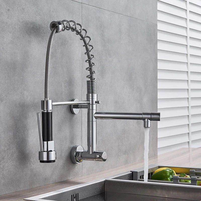 Wall Mounted Spring Kitchen Faucet Chrome Black Pull Down Sink Faucets Single Cold Water Dual Spouts Mixer 360 Rotation Crane